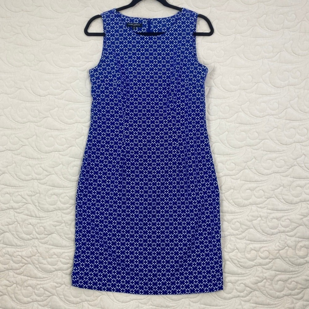 Mario Serrani Italy Sheath Dress Blue White Geometric Print Sleeveless Size 8